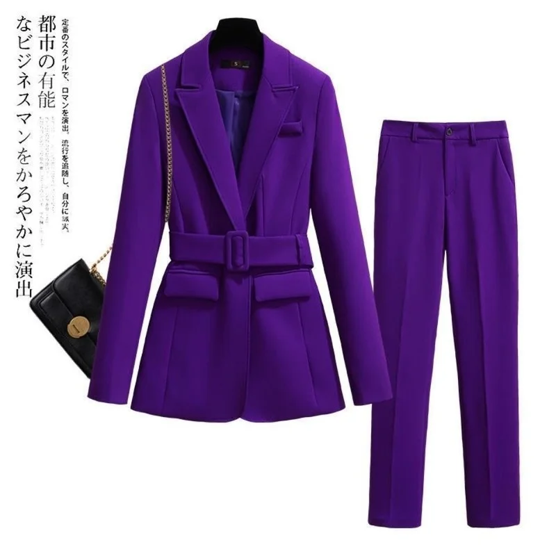 Suit Set Women Office Ladies Women\'s Pantsuit Purple Business Classic with Belt Blazer Straight Pants Two Piece Formal Suits