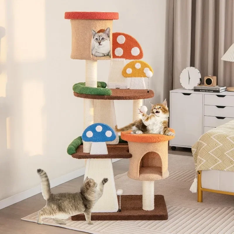 home.Mushroom Cat Tree, Multi-Level Cute Cat Tower with Full-Wrapped Sisal Posts, Scratching Boards & Interactive Balls, 2 Cat C