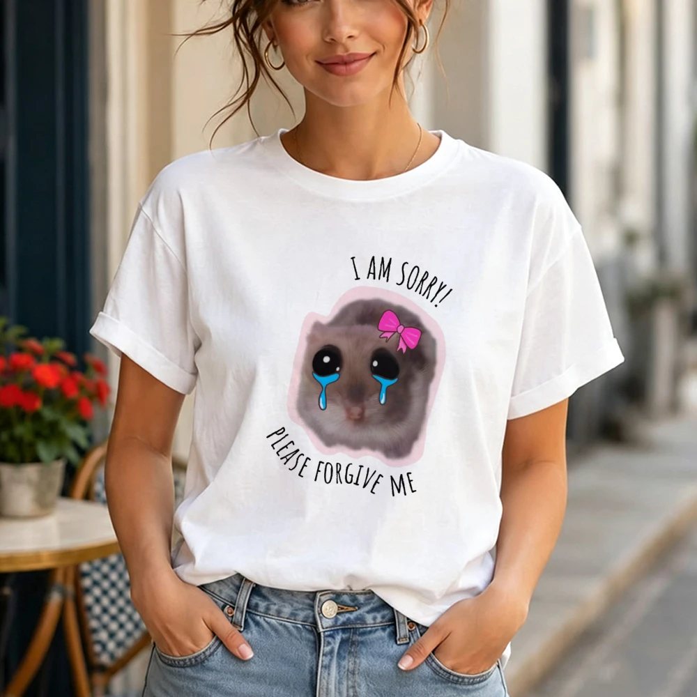 Sorry Please Forgive Me Sad Hamster Graphic T Shirt Woman Cute Kawaii Pet Meme Tee Casual Summer Daily Wear