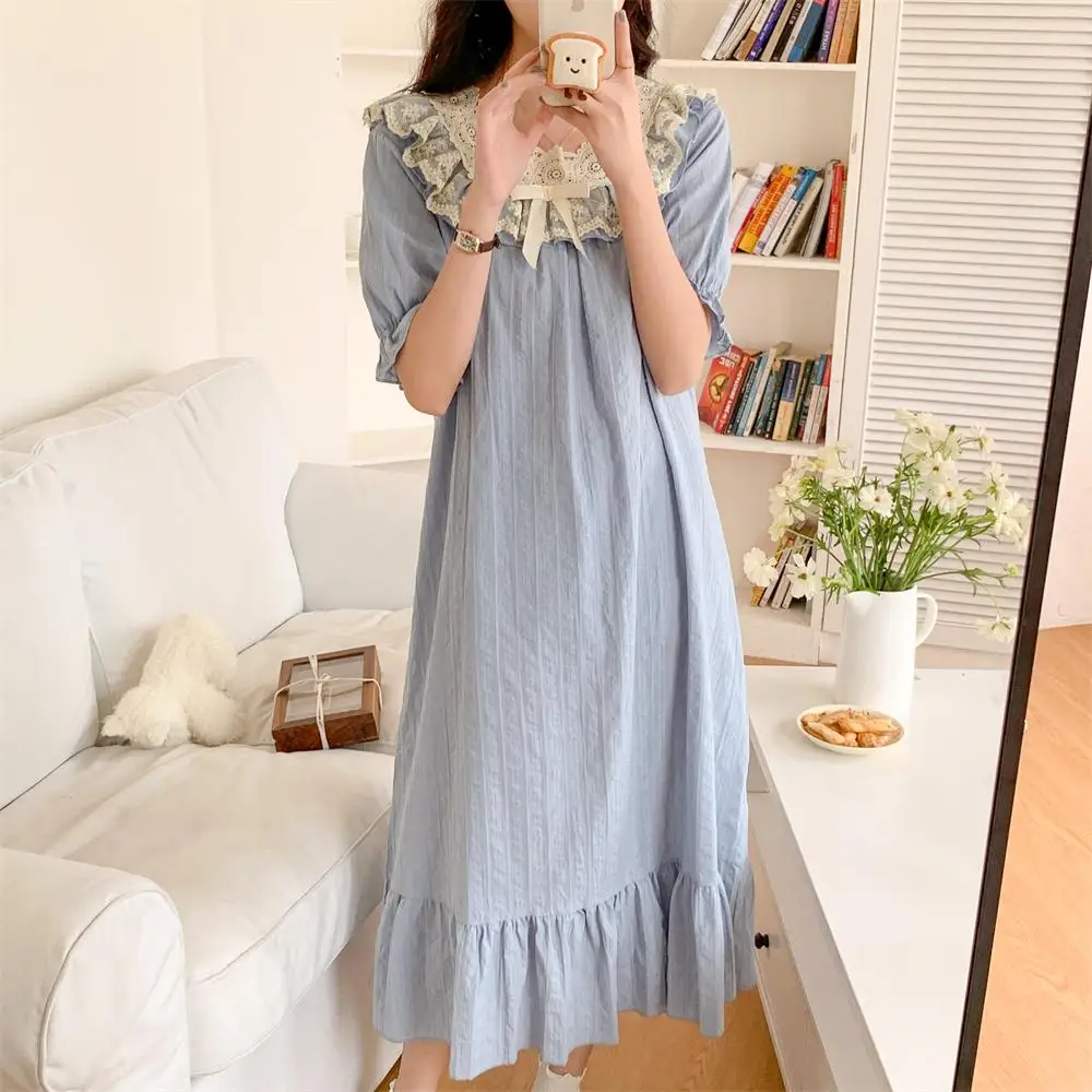 Lace Crochet Summer Nightgown Women Korean Court Two Piece Pajamas Set Kawaii Casual Elegant Long Sleepwear Night Dress Cotton