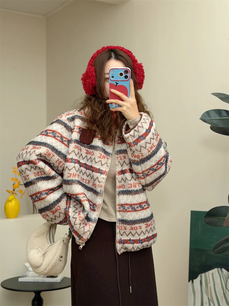 

Thiened Lamb Fur Stand Collar Jaet Striped Color Blo Autumn Winter Design Korean Sle Women's ort Outerwear Coat