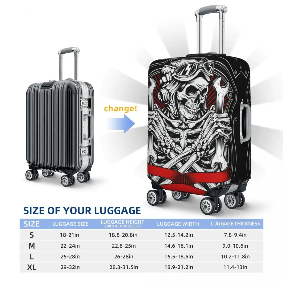 Skull Wearing A Helmet Holding A Wrench Print Luggage Protective Dust Covers Elastic Waterproof 18-32inch Suitcase Cover Travel