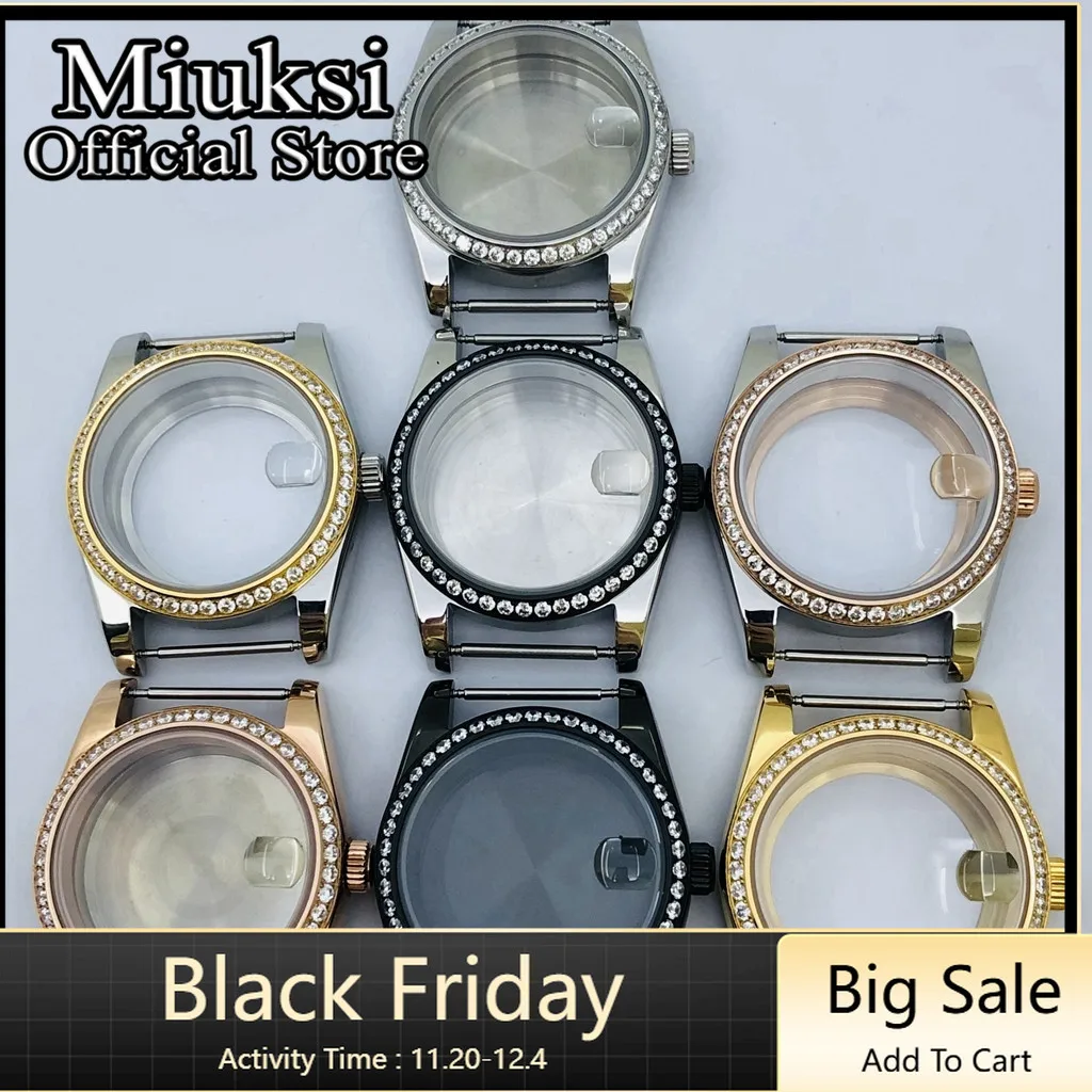 

Miuksi 36 мм/40 мм серебристый, черный, золотой корпус для часов, сапфировое стекло, безель с драгоценными камнями, подходит для NH35 NH36 NH34 ETA2824 2836 Miyota8215 PT5000