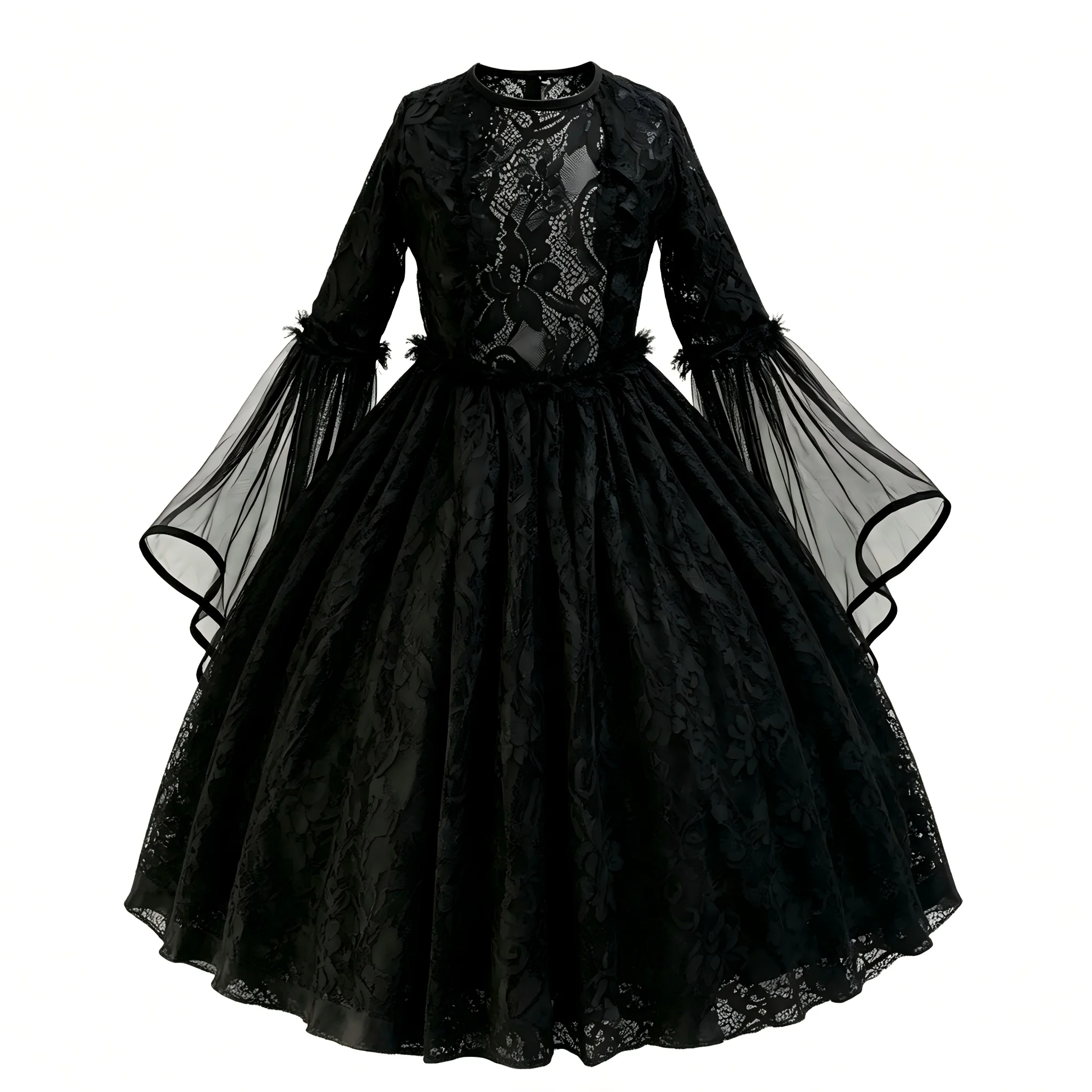 Schwarzes Spitzen-Hexen-Cosplay-Kleid-Set für Mädchen mit Kürbis-Bonbontasche für Halloween, Süßes oder Saures, Karneval, Geburtstagsfeier – Detail 2