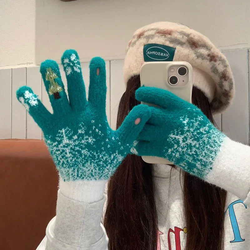 

Women's New Winter Gloves with Thickened Exposed Fingers Warm and Cute Anti Cold Yarn Touch Screen Christmas Tree Gloves