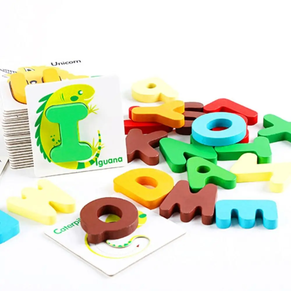 26 lettres anglaises colorées en bois, carte Flash, motif Double face, Alphabet anglais, jeu de Puzzle, jeu IQ, pratique d'orthographe