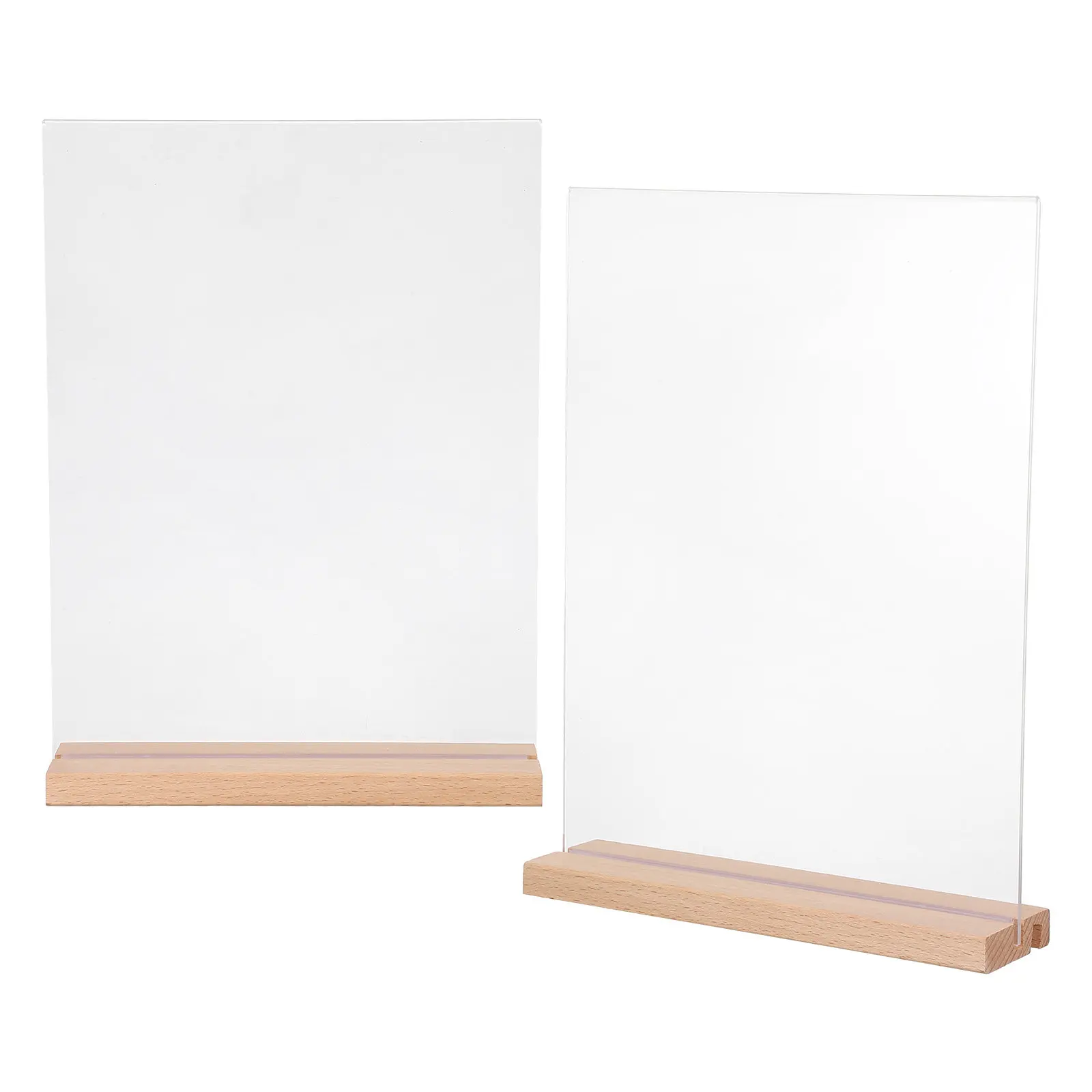 2Sets Acrylic Sign Holder Wood Base L-Shaped Slant Back T-Shaped Double Sided Menu Stand Clear Table Sign Holders Tabletop