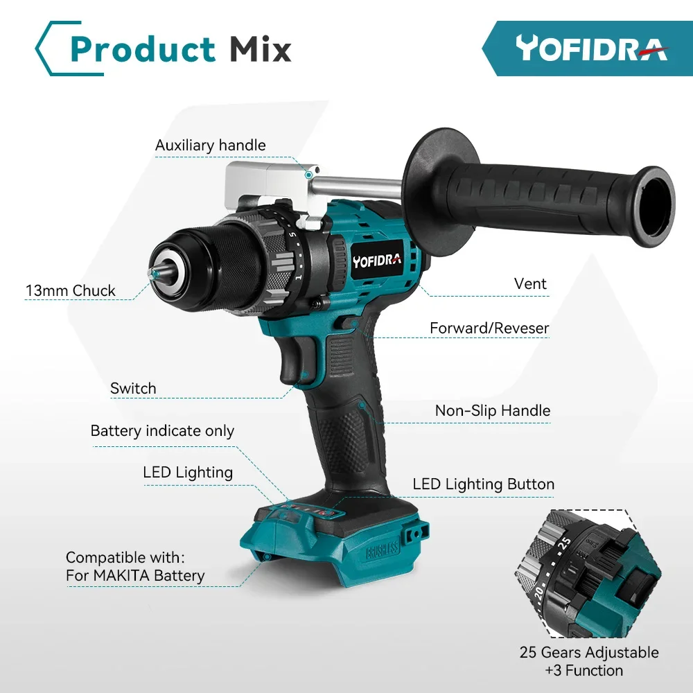 Yofidra 13mm Brushless Electric Drill Screwdriver 25+3 Torque Multifunction Cordless Ice Breaking Tools For Makita 18V Battery