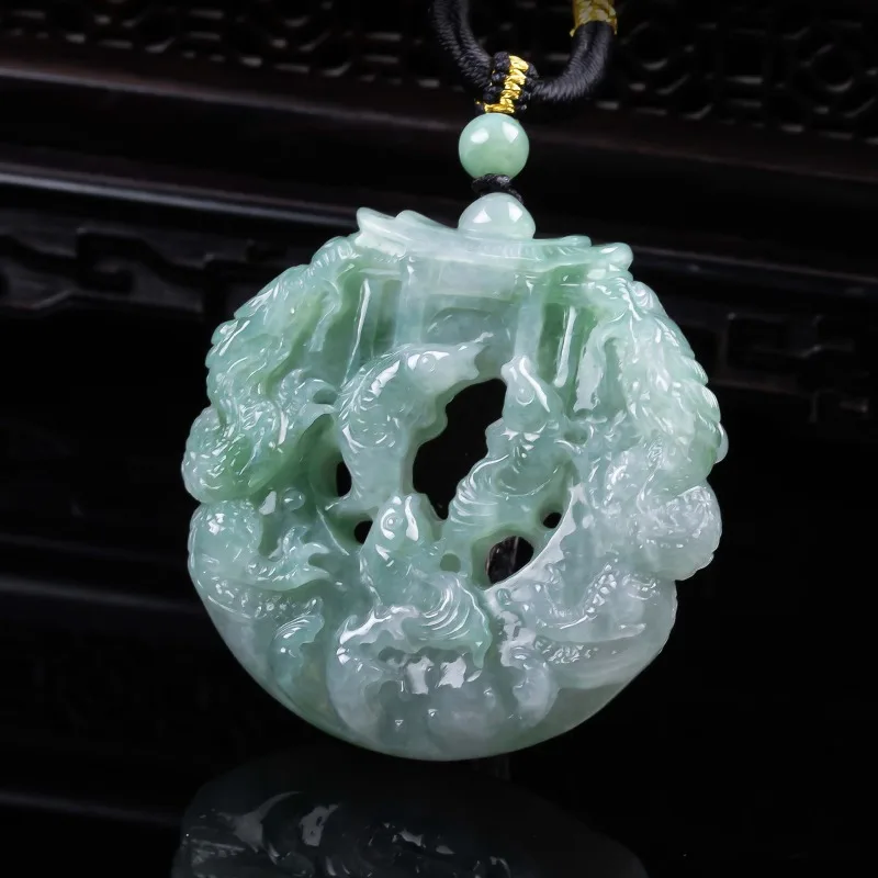 Natural A-grade Jadeite Fish Leaping Dragon Gate Thickened Three dimensional Hollow Precision Jade High Ice Jade Pendant