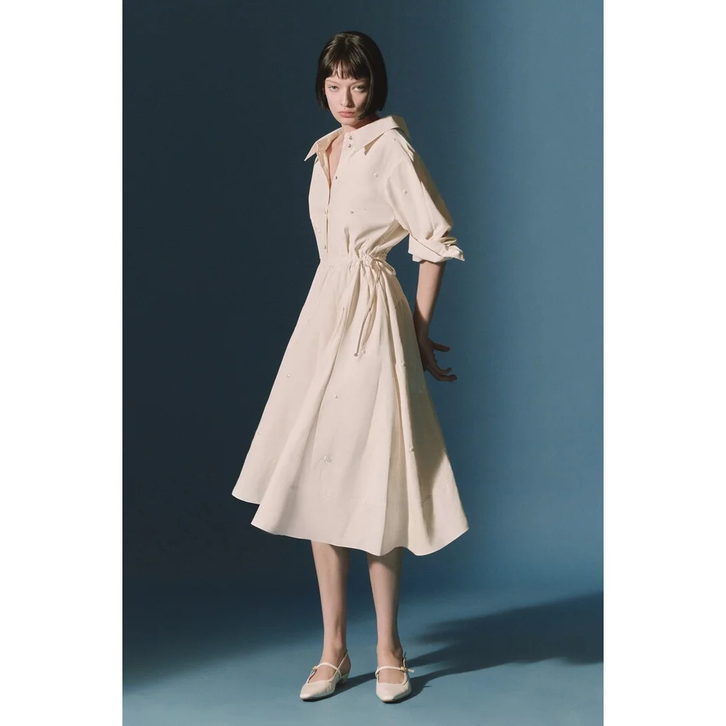 Korean Style Pearl Long Dress Commute Date One Button Switch Collar Beaded Drawstring Commute Ladies Shirt Dress