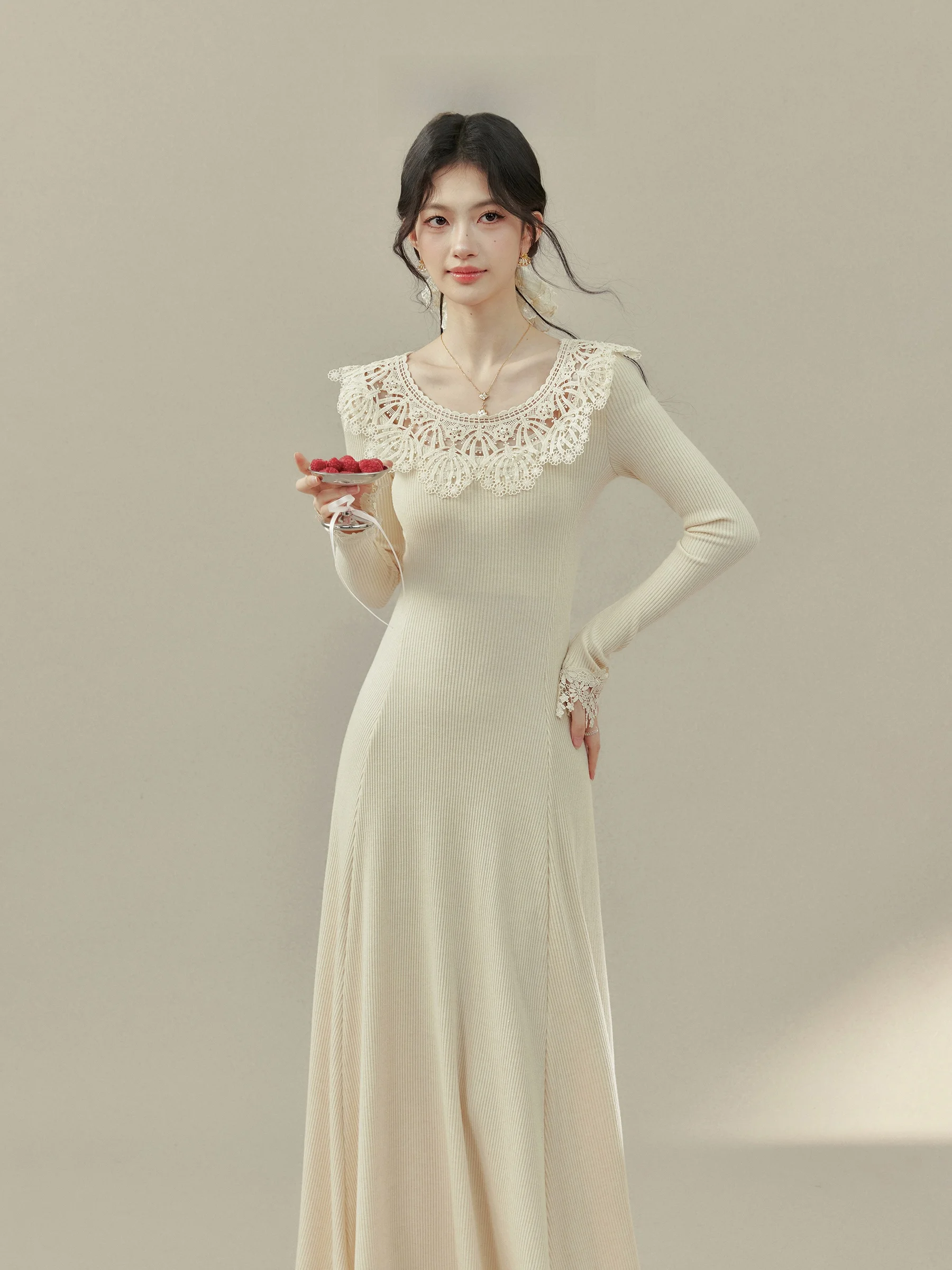 

Elegant Lace Moonlight Knitted Wrap Waist Long Dress Women's Base Layer Dress City Commute Suitable All Seasons Long Sleeve r...