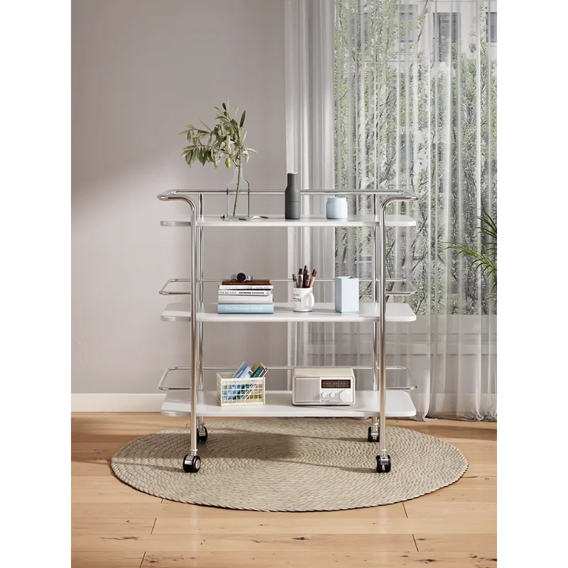 The antique three-story trolley storage shelf is movable, with wheels on the floor, the living room sofa metal side table