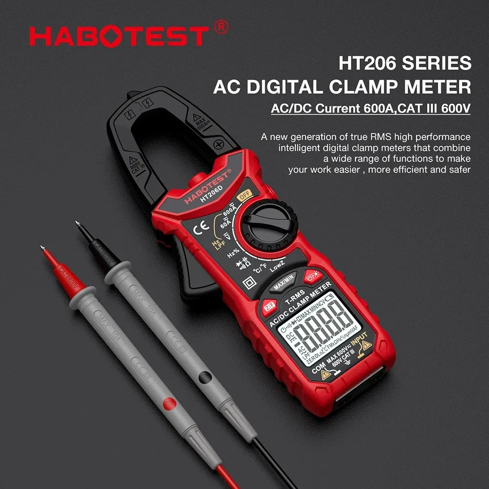 HABOTEST HT206 Digital Clamp Meter DC/AC Current 600A Multimeter Ammeter Voltage Tester Car Amp Hz Capacitance NCV Ohm Test
