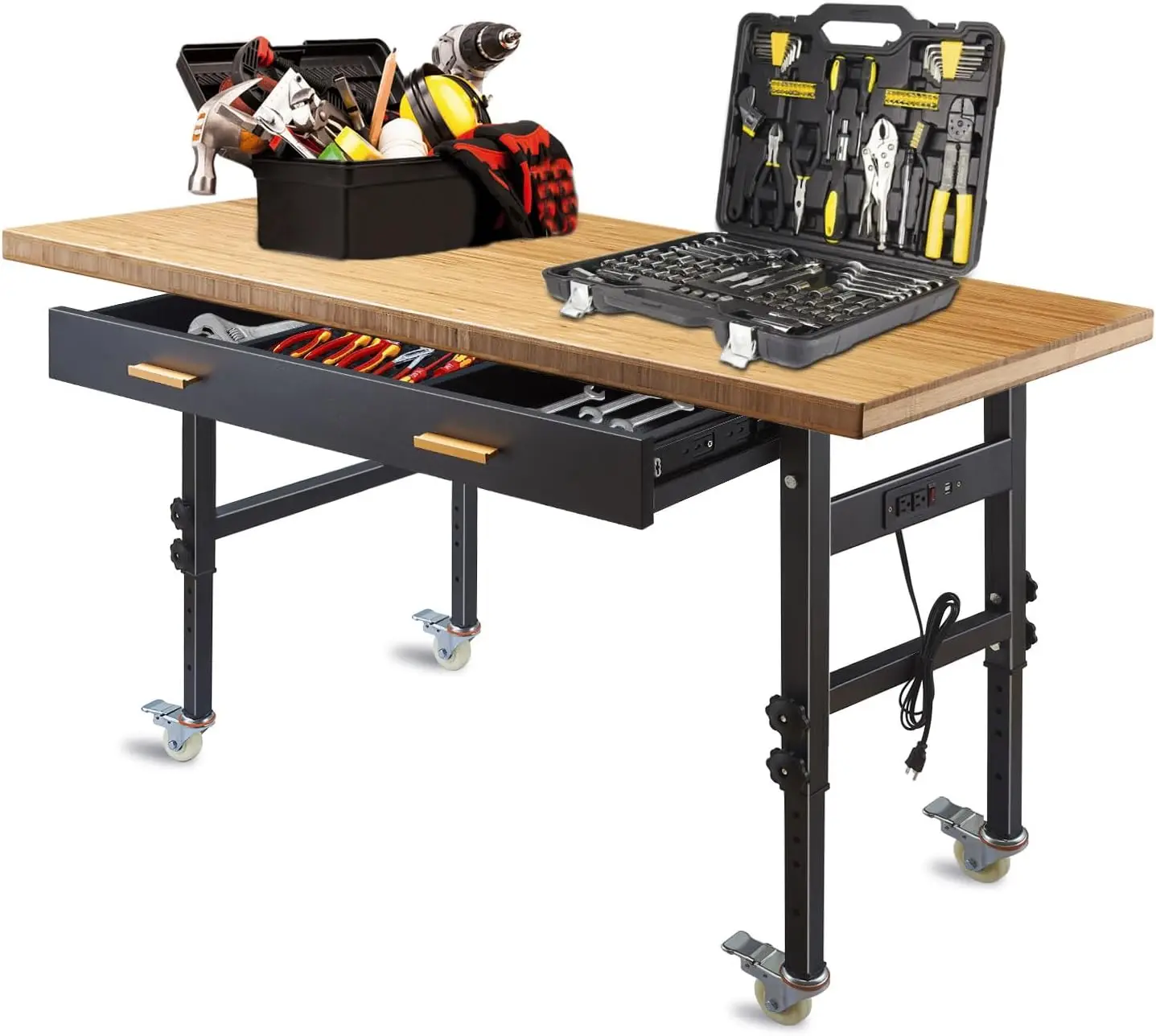60" Adjustable Work Bench with Drawer Storage, Power Outlet, and Wheels - Heavy Duty Work Table for Home, Garage, and Office