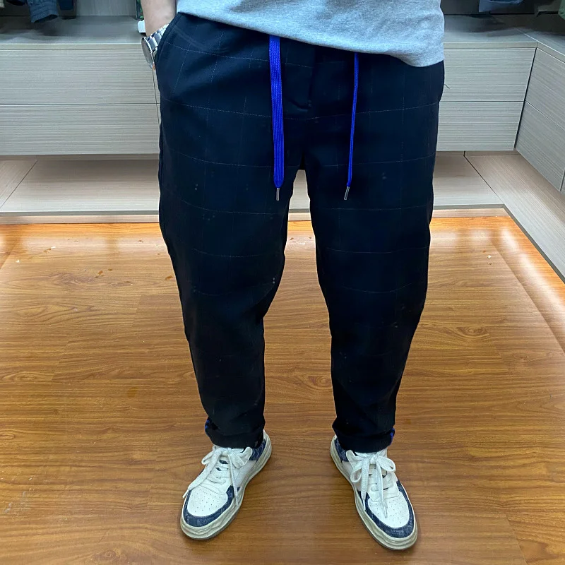 

Nordic Sle Men's Casual Pants High Waist Elastic Waist Plaid Design Autumn Winter Faion Straight Leg Trousers