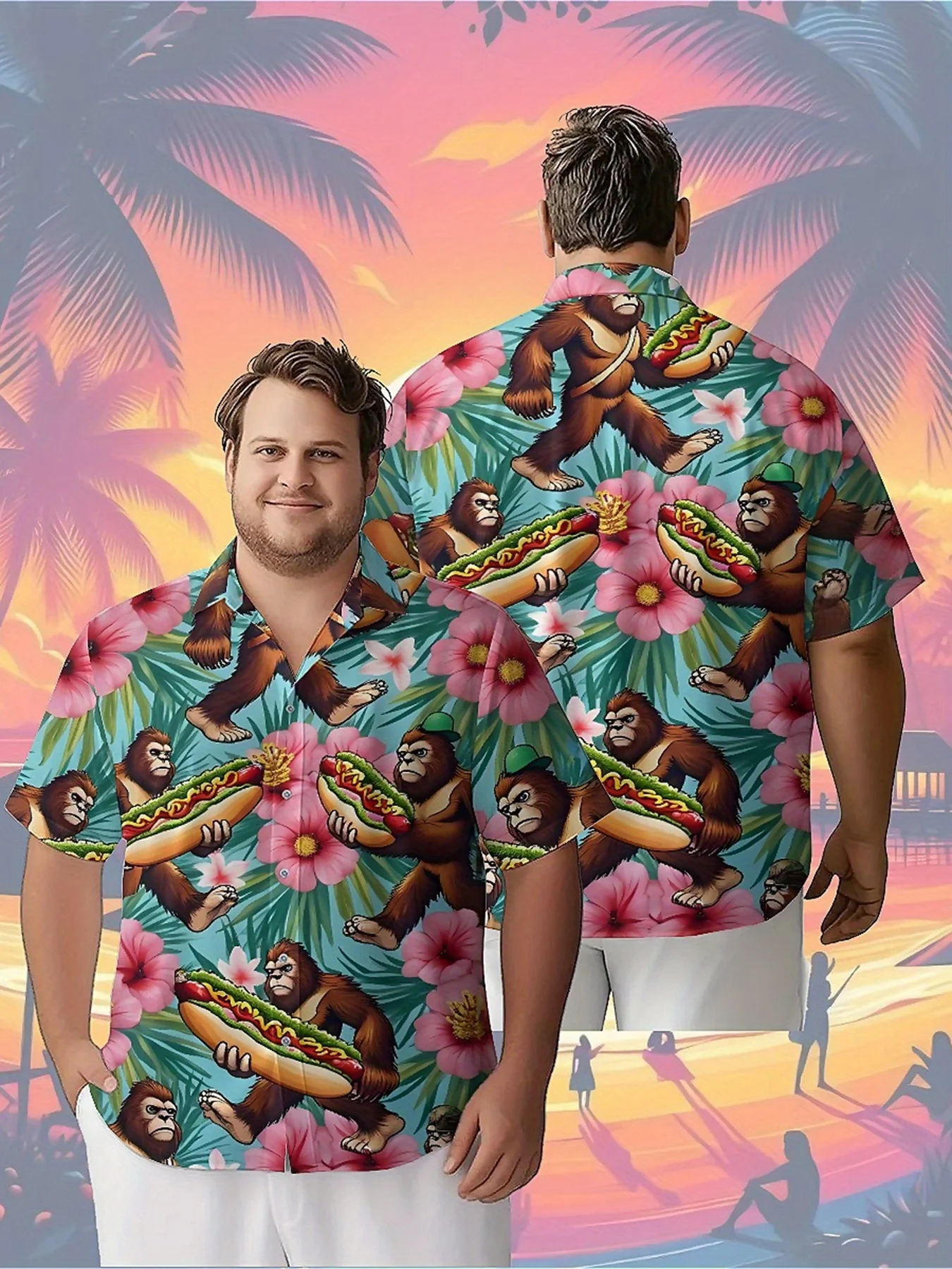 Men's Plus Size Hawaiian Shirts Band Jungle Sasquatch Hot Dog Party pattern,Premium Comfort Youth Clothes,Streetwear Y2K Tops