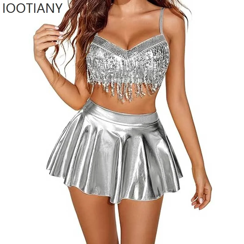 Music Festival Silver Tassel Sequin Bikini Dress Sexy Women's Stage Bar Nightclub Singer Role Playing Performance Costume Set
