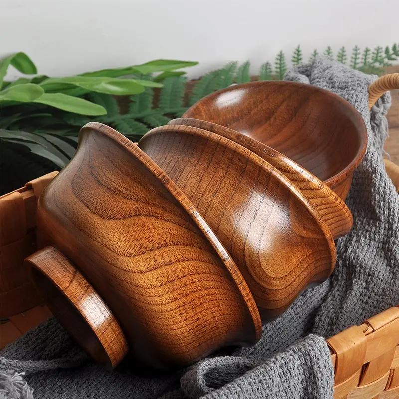 Natural Wood Bowl Set Wooden Salad Ramen Bowl,Anti Edge High Foot Milk Tea Wooden Bowl Restaurant Creative Anti Scald Bowl 15CM