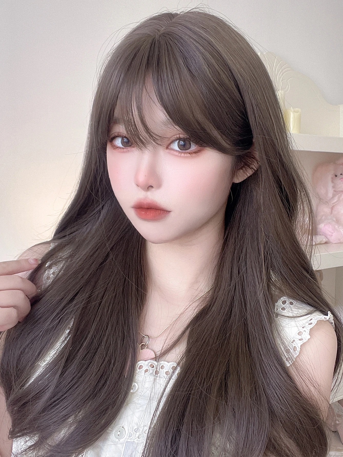 24Inch Lolita Cool Brown Synthetic Wigs with Bangs Long Natural Straight Hair Wig for Women Daily Use Drag Queen Heat Resistant