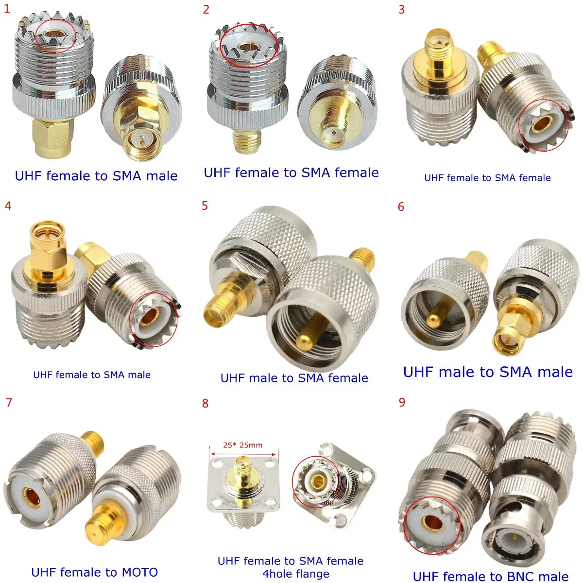 1Pcs UHF SO239 PL259 To SMA Male Plug Female Jack Connector UHF To SMA 4hole Flange Adapter RF Fast Delivery Copper Brass