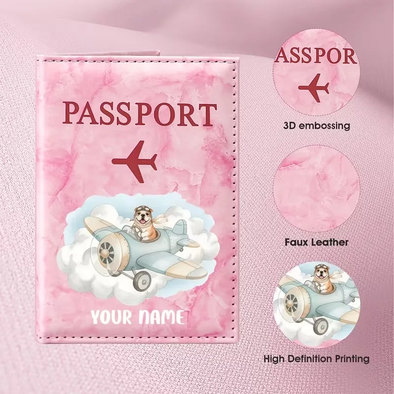 Custom Name Cloud Airplane Illustration Passport Holder, Featuring Cartoon Bear Piloting a Propeller Plane Flying Through Clouds