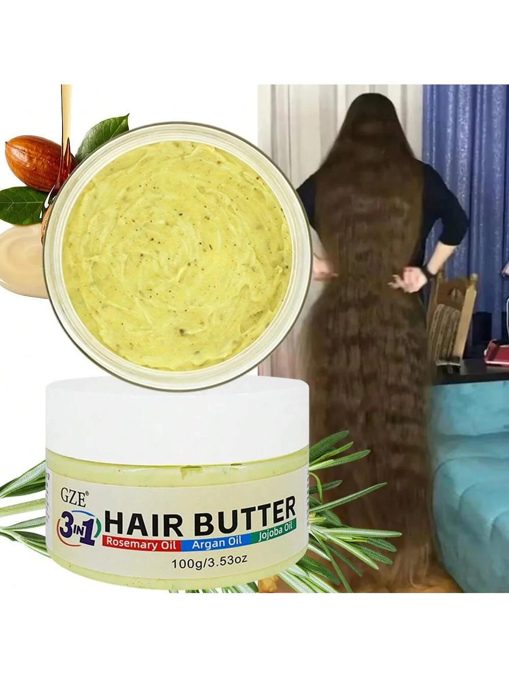 GZE 3 in 1 Hair Butter Nourishing Cream with Rosemary, Argan & Jojoba Oils for Deep Conditioning, Frizz Control, Stong Hair Root view 5