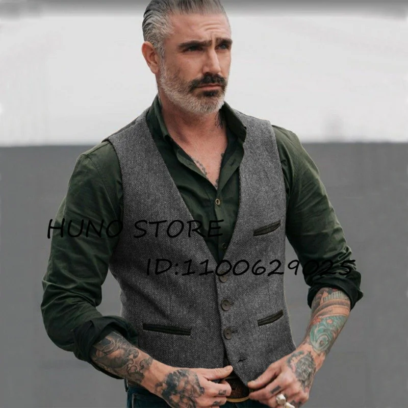 Herringbone Mens Vest V Neck Single Breasted Punk Wool Sleeveless Jacket Wedding Evening Brown Male Tank Top Gilet Mannen