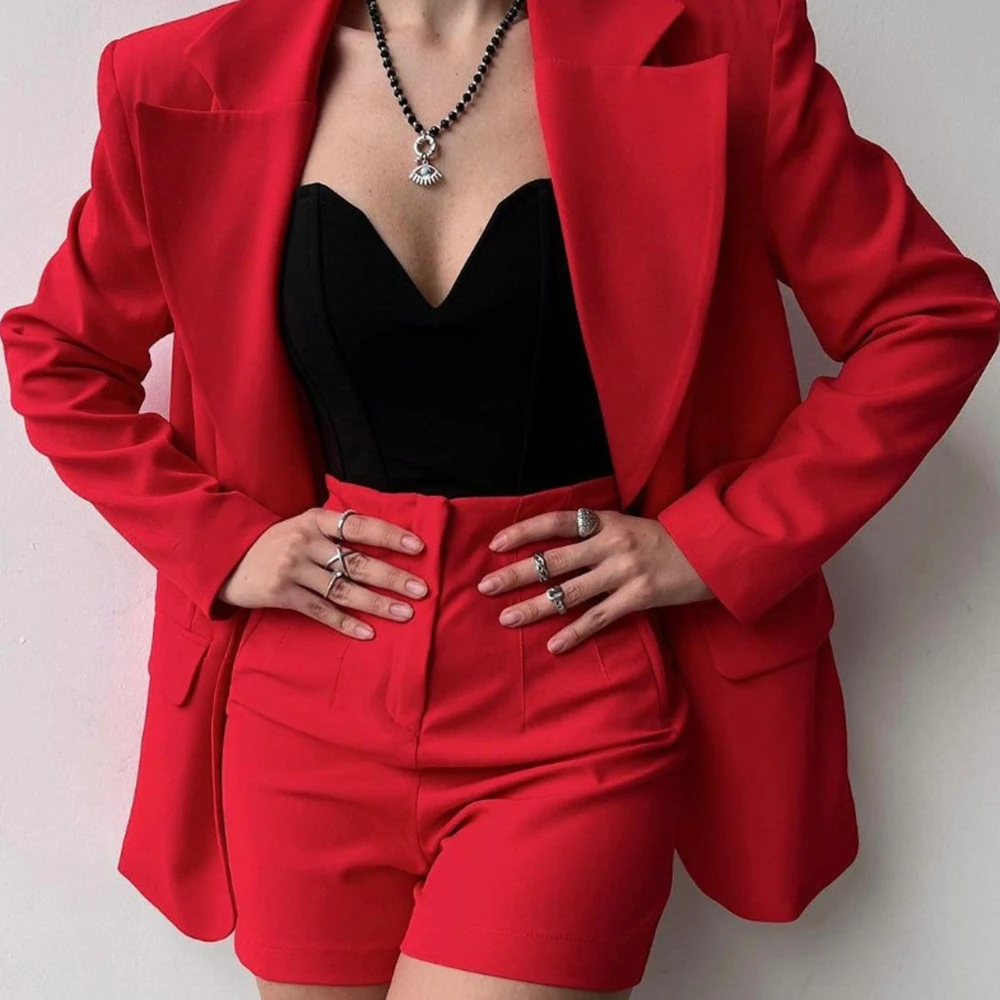 Blazer solido primavera estate Abito slim a due pezzi Donna Elegante colletto dentellato Blazer a maniche lunghe Top e pantaloncini con cerniera Abiti da festa