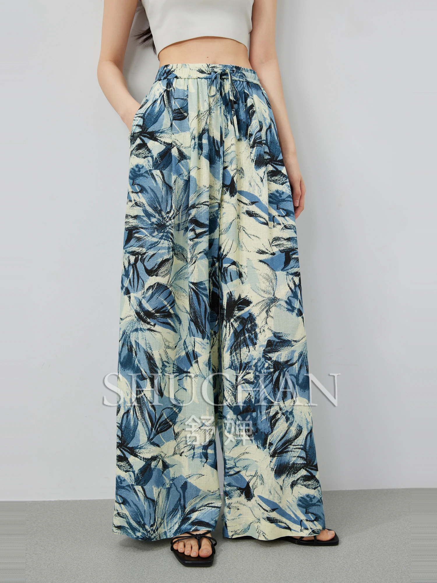 

Plant&Flowers 2025 Good Quality, Happy Holidays, Breathable Linen Elastic Waist Casual Wide-leg Pants Women 25 Summer
