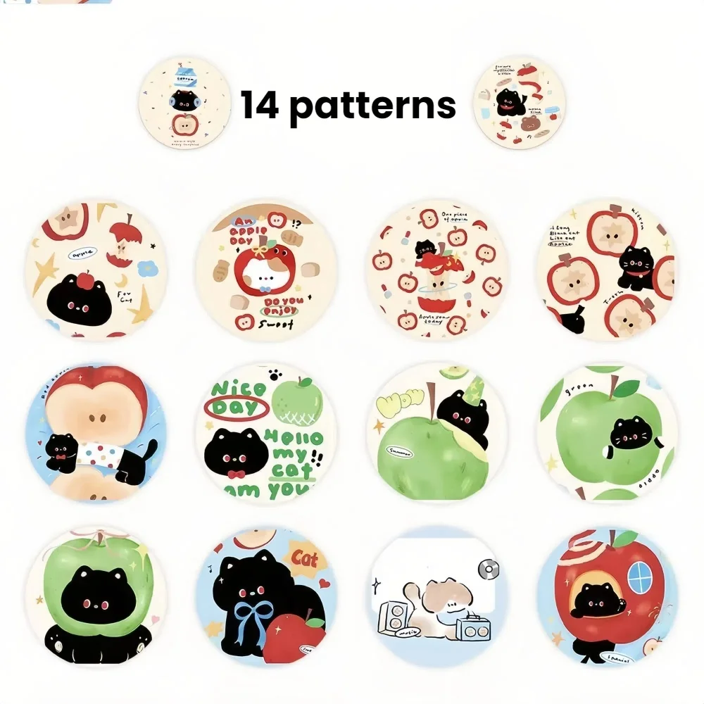 500 قطعة من لفة ملصقات القطة السوداء والتفاح كاواي - 14 أنماط لطيفة لمخطط سجل القصاصات بنفسك والهدايا لمحبي القرطاسية