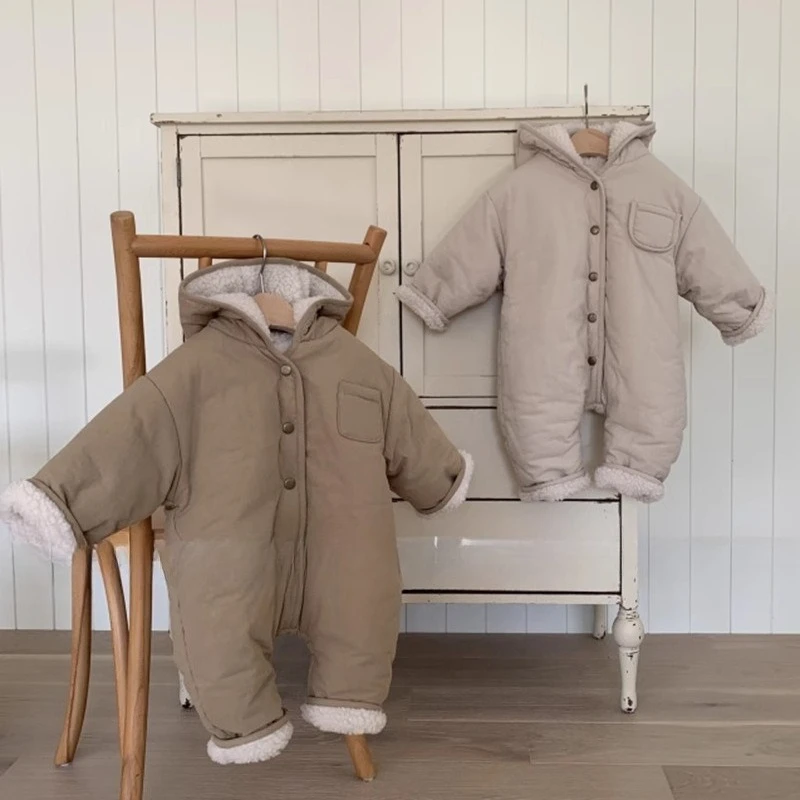 ملابس شتوية للأطفال الصغار بذلة كاجوال مع مشبك قطني من صوف الخراف السميك بغطاء للرأس، ملابس تسلق دافئة
