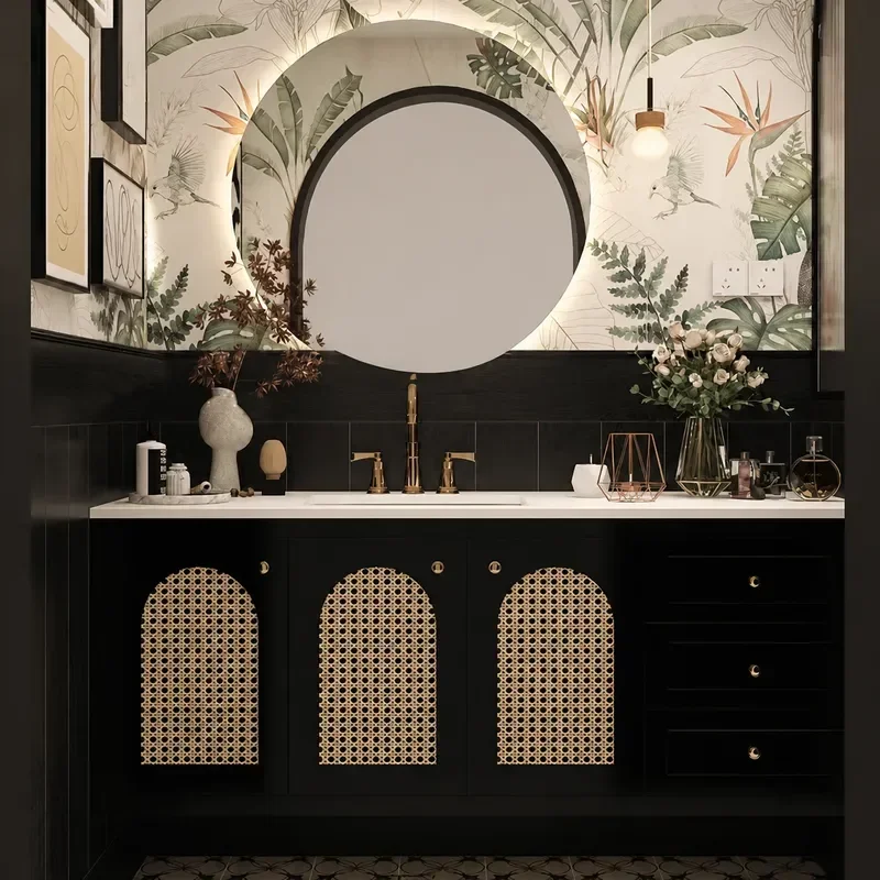 Solid Wood Bathroom Cabinet Rattan Wash Basin Set Retro Wall Mounted Sink Vanity Unit with Storage for Modern Home Decor
