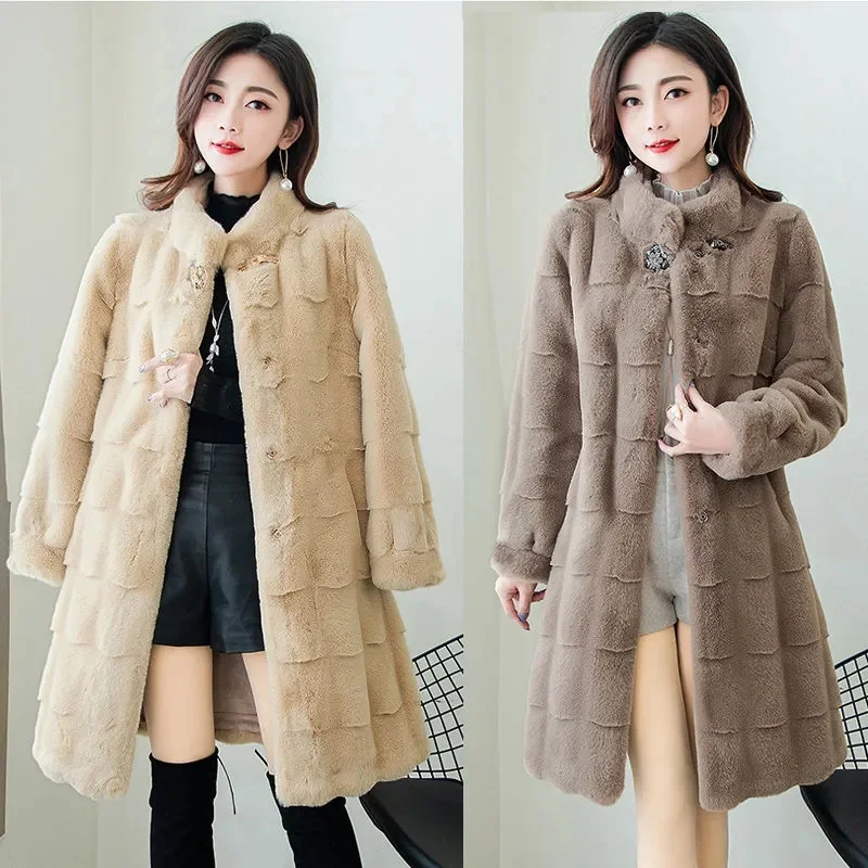 New Autumn Winter Jacket Imitation Mink Coat New Fashion Solid Color Medium Length Imitation Fur Coat Loose Female Outerwear 5XL