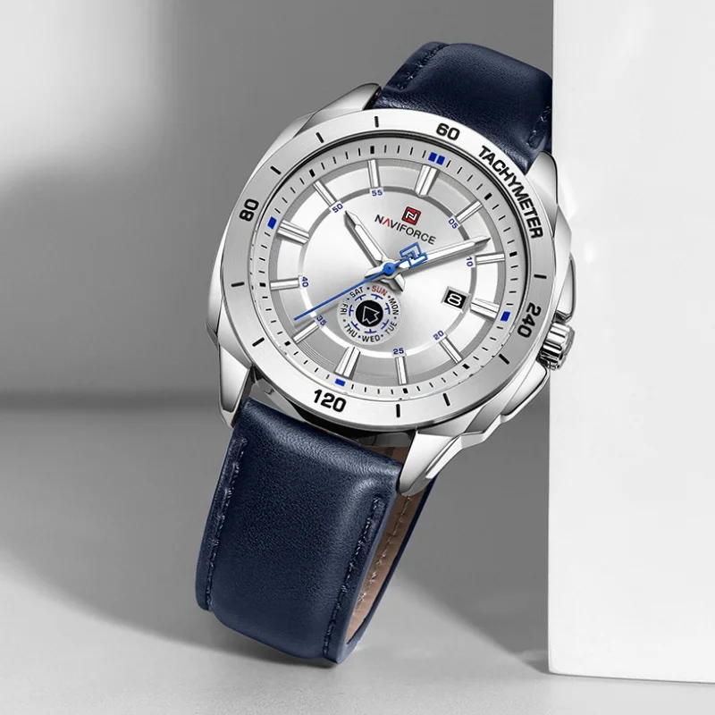

NAVIFORCE Men Quartz Watch Casual Sports Leather Band Day Date Display Waterproof Luminous Durable High Quality Daily Wristwatch