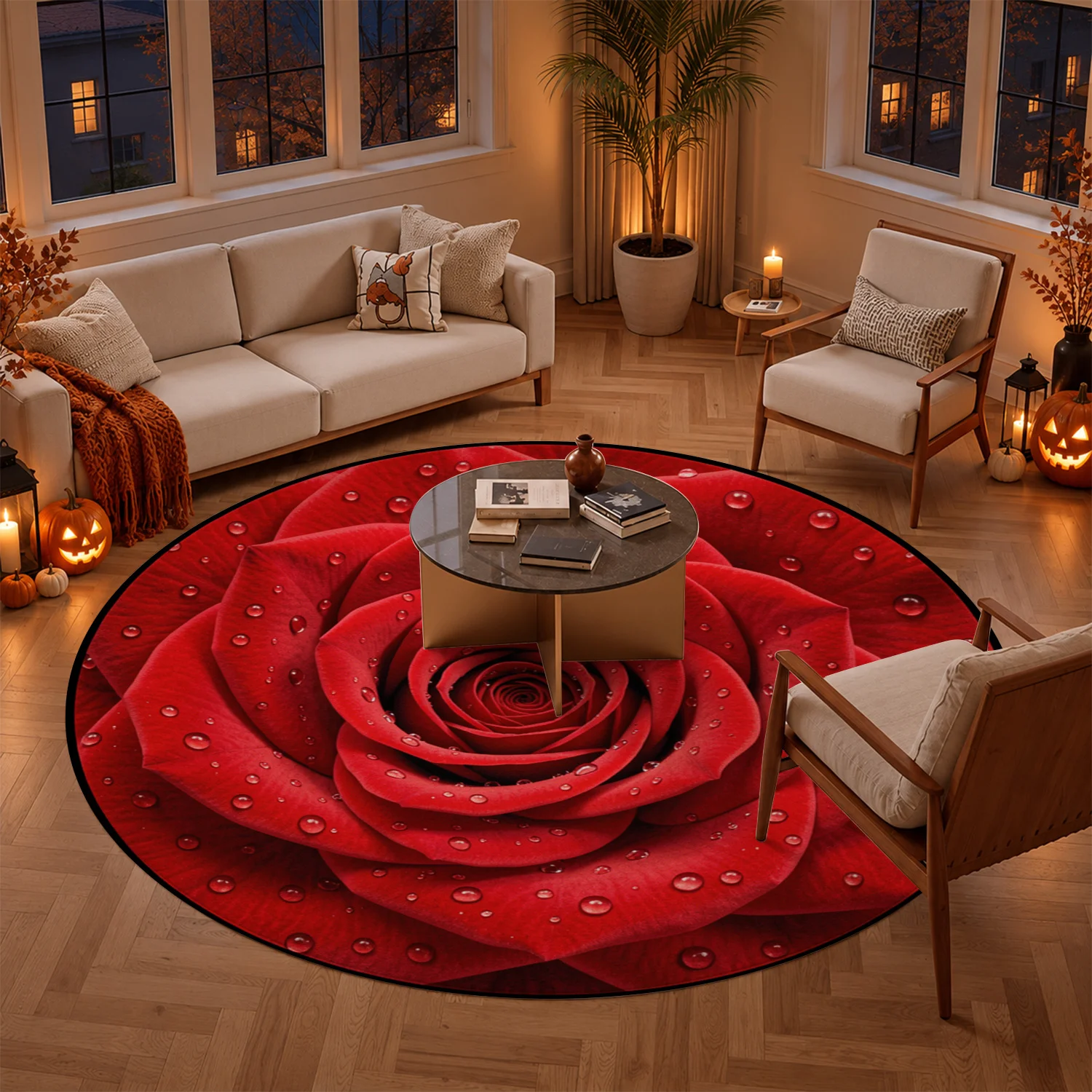 Round Red Rose Dew Print Velvet Area Rug, Machine Washable Soft Plush Floor Mat, Ideal for Living Room, Bedroom, Dining Room, Entryway, Perfect Decor for Halloween, Thanksgiving, Christmas, New Year, Black Friday, Cyber Monday