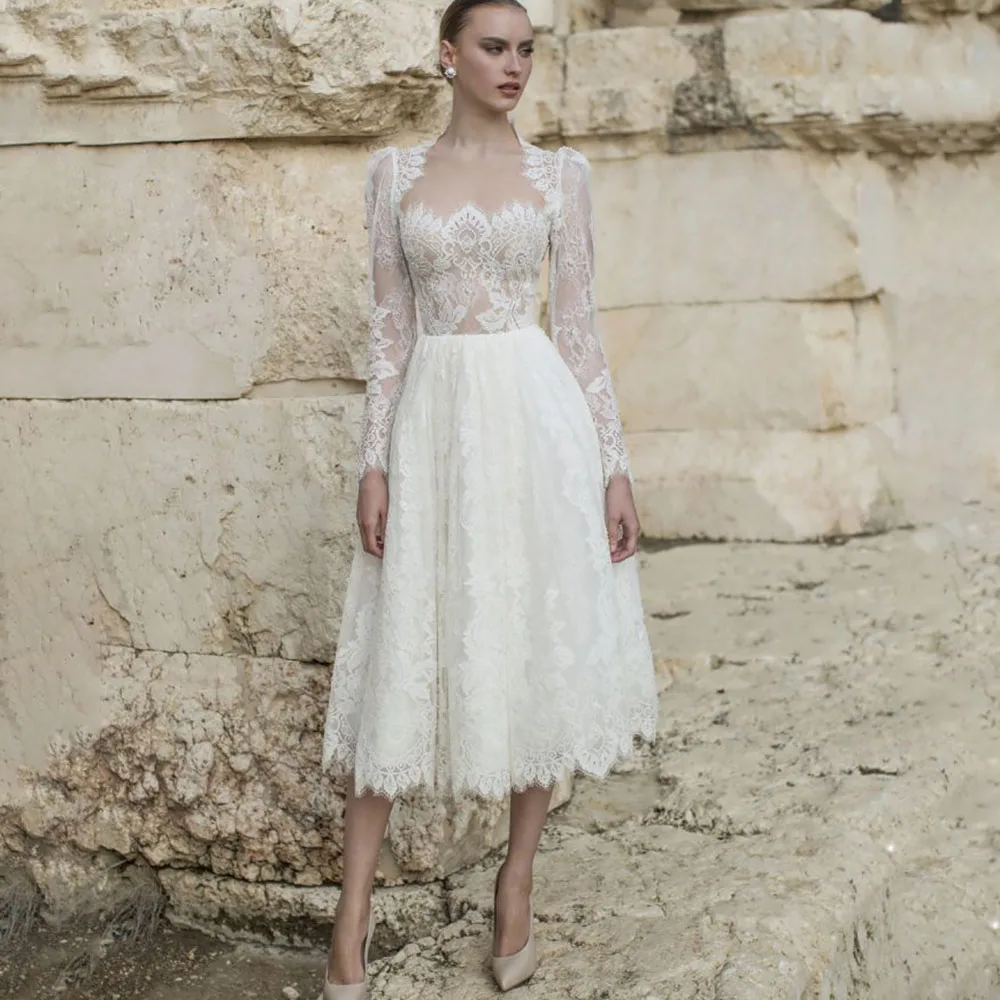 Classic Lace A Line Wedding Dress Elegant Long Sleeve Mid-Calf Bridal Gown Customized Women's Holiday Party Dress