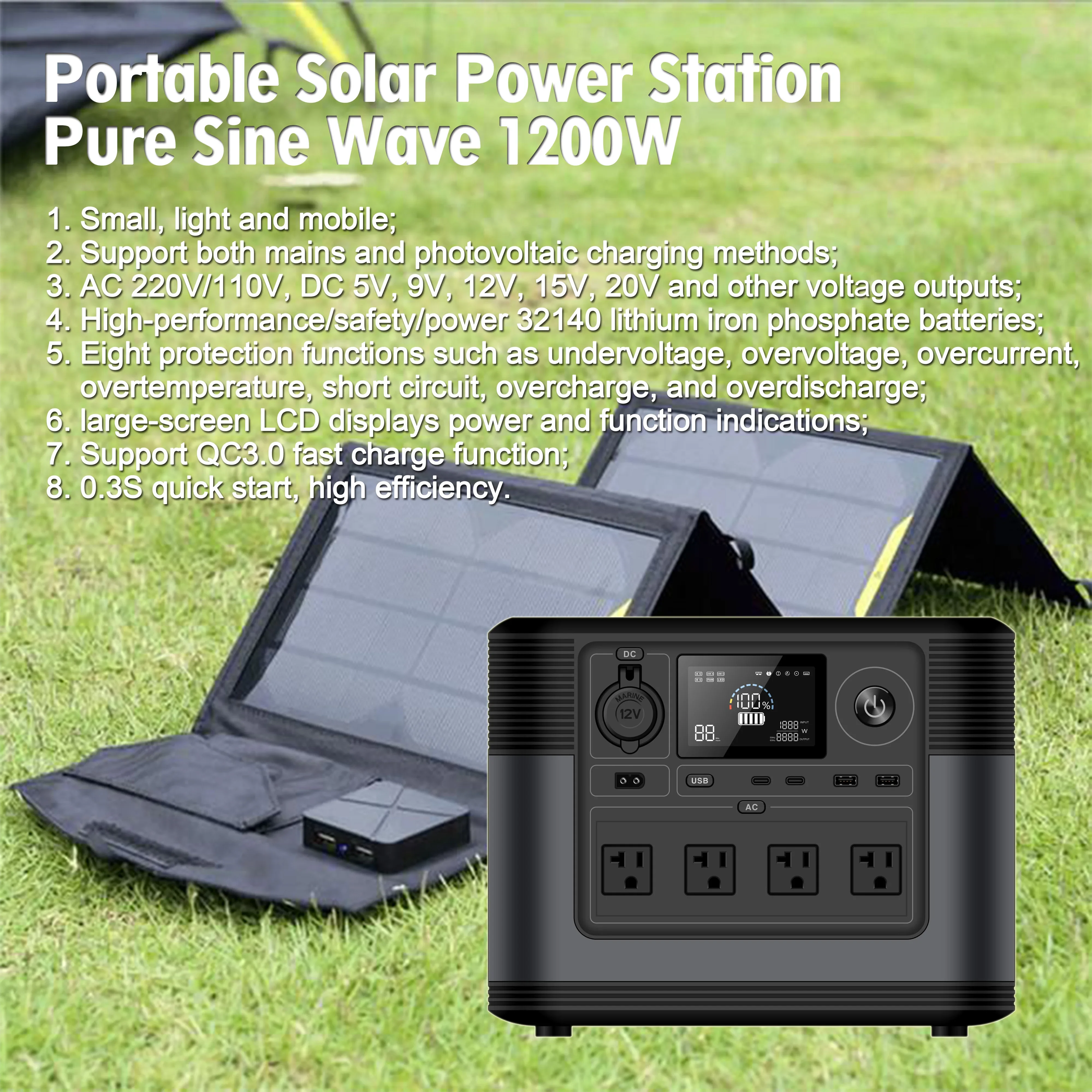 Solar Power Station 1200W Solar Power Bank 110V/220V Portable Generator 54000mAh Solar Power Station Outdoors Camping Traveli