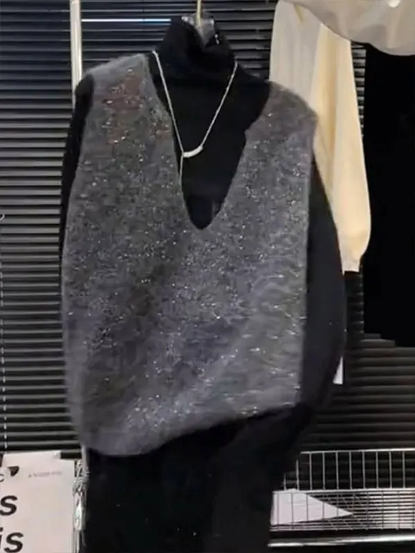 Glimmering Design Cashmere Knitted Vest Top Casual Korean Style Layering Tank Top V-Neck Regular Length Pure Color