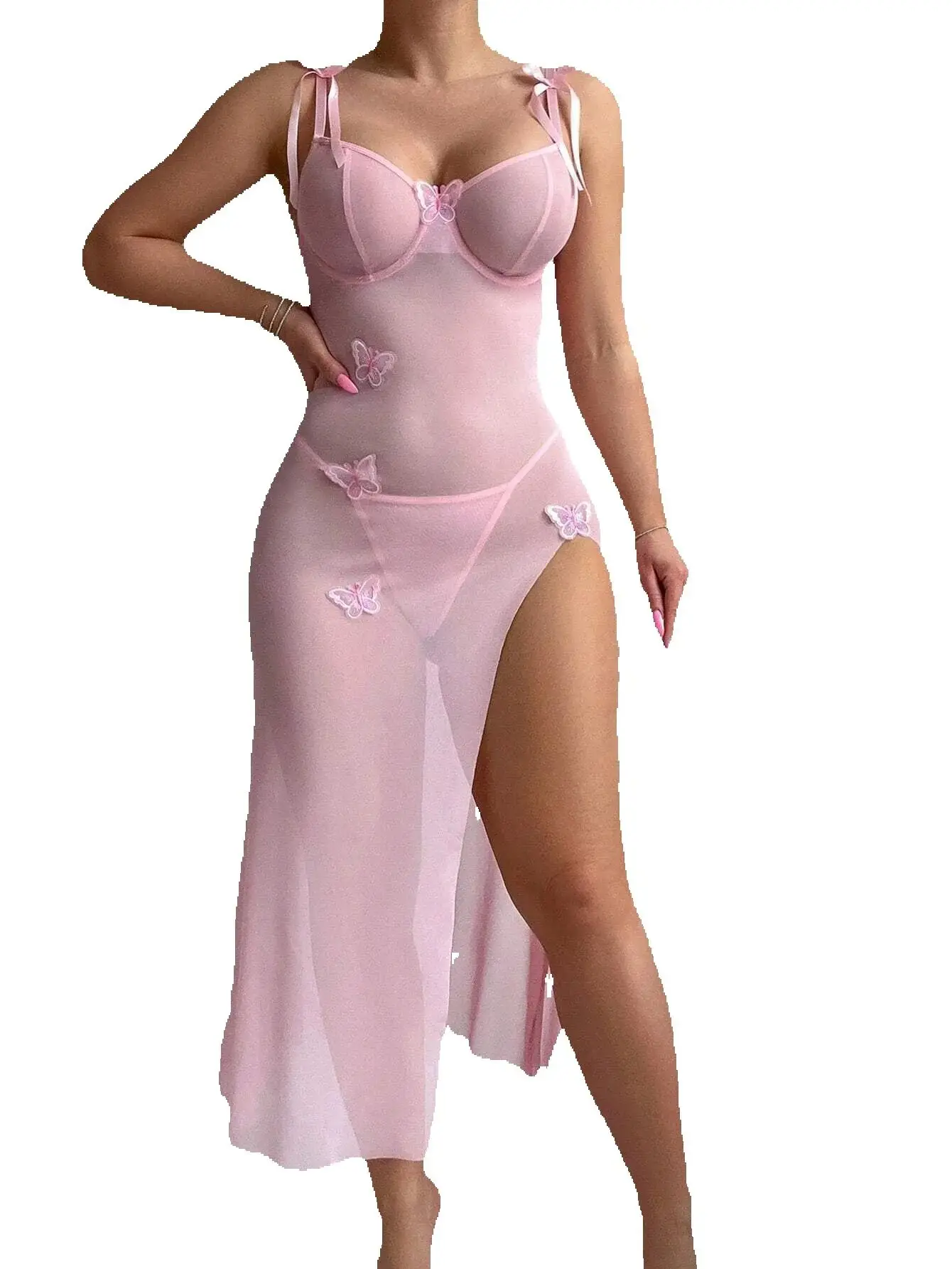 

EINY Sexy Lingerie Set Women Erotic Bra Nightdress Sexy Lace Sleepwear Solid Slim Soft Dresses V Neck Full Slip Sleepwear Dress