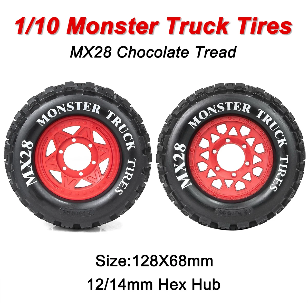 MX28 2,8-Zoll-Reifen, 1/10-Reifen-Set mit 12-mm-/14-mm-Sechskant-Adaptern, kompatibel mit Arrma Big Rock Granite, Traxxas Rustler Stamped.