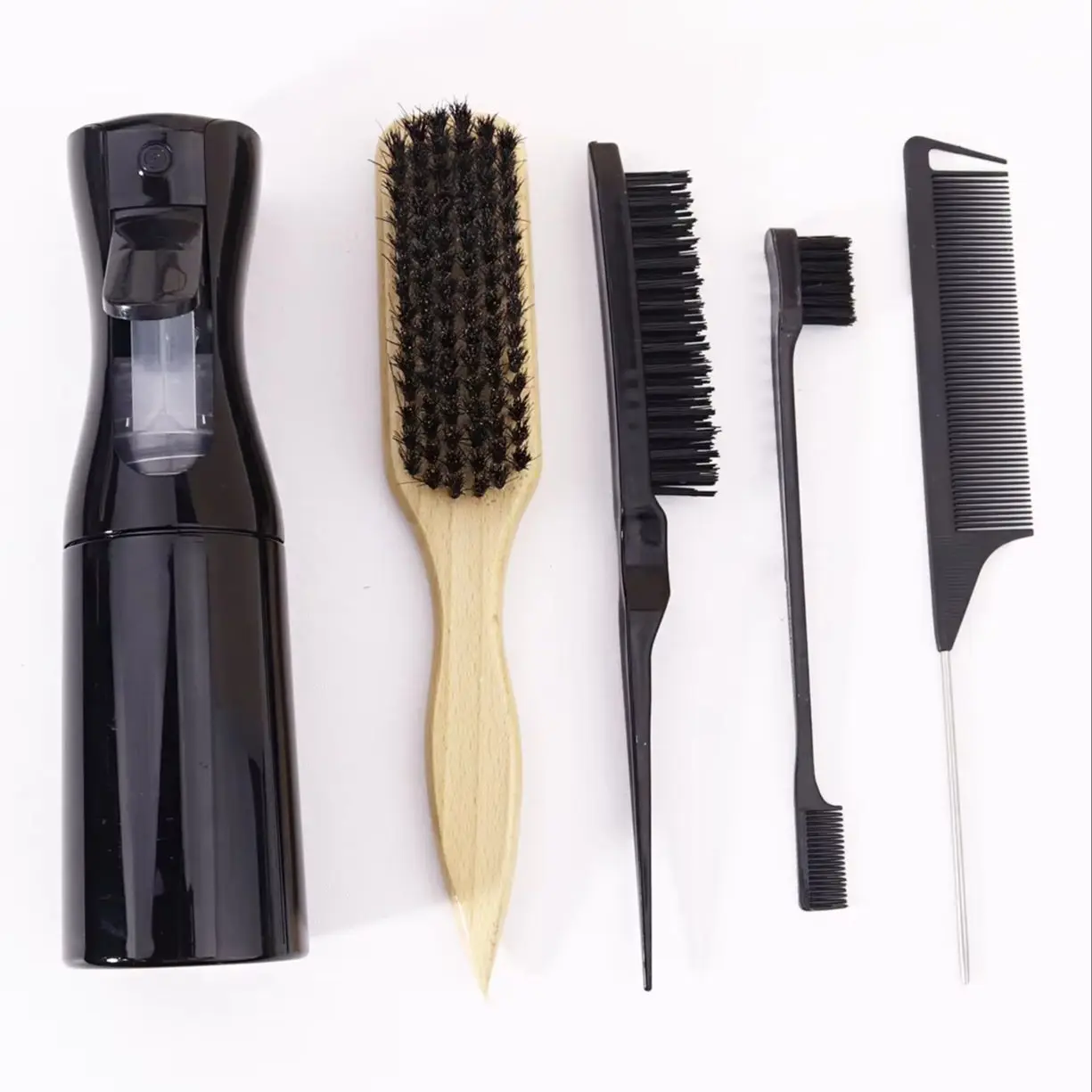 مجموعة وعاء رش فرشاة الشعر مكونة من 5 قطع، فرشاة شعر، زجاجة رذاذ، مشط ذيل الفئران، فرشاة نايلون، فرشاة حافة، خاصة للشعر المستعار الحقيقي