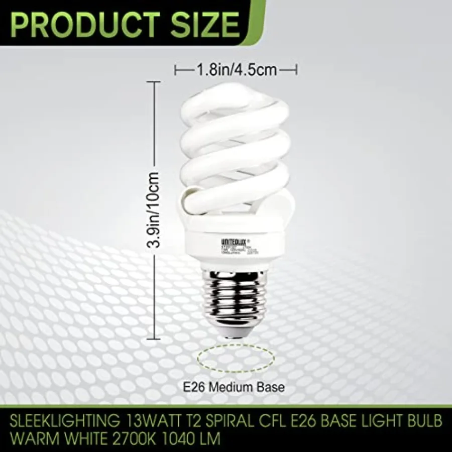 E26 Spiral CFL Light Bulbs Medium Base 13Watt 60Watt Equivalent Soft White 2700K, 1040Lm Non-dimmable Compact Fluorescent Light