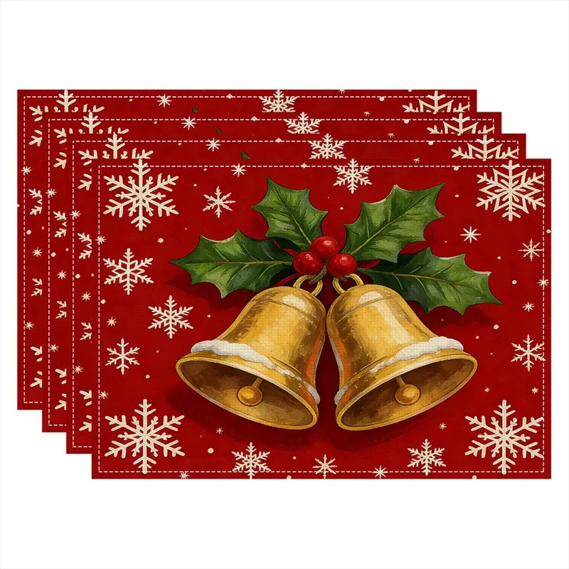 VIKAMA Linen Placemats Let It Snow Christmas Tree, Red Green White, Stain Resistant Easy to Clean, Dining Table Holiday