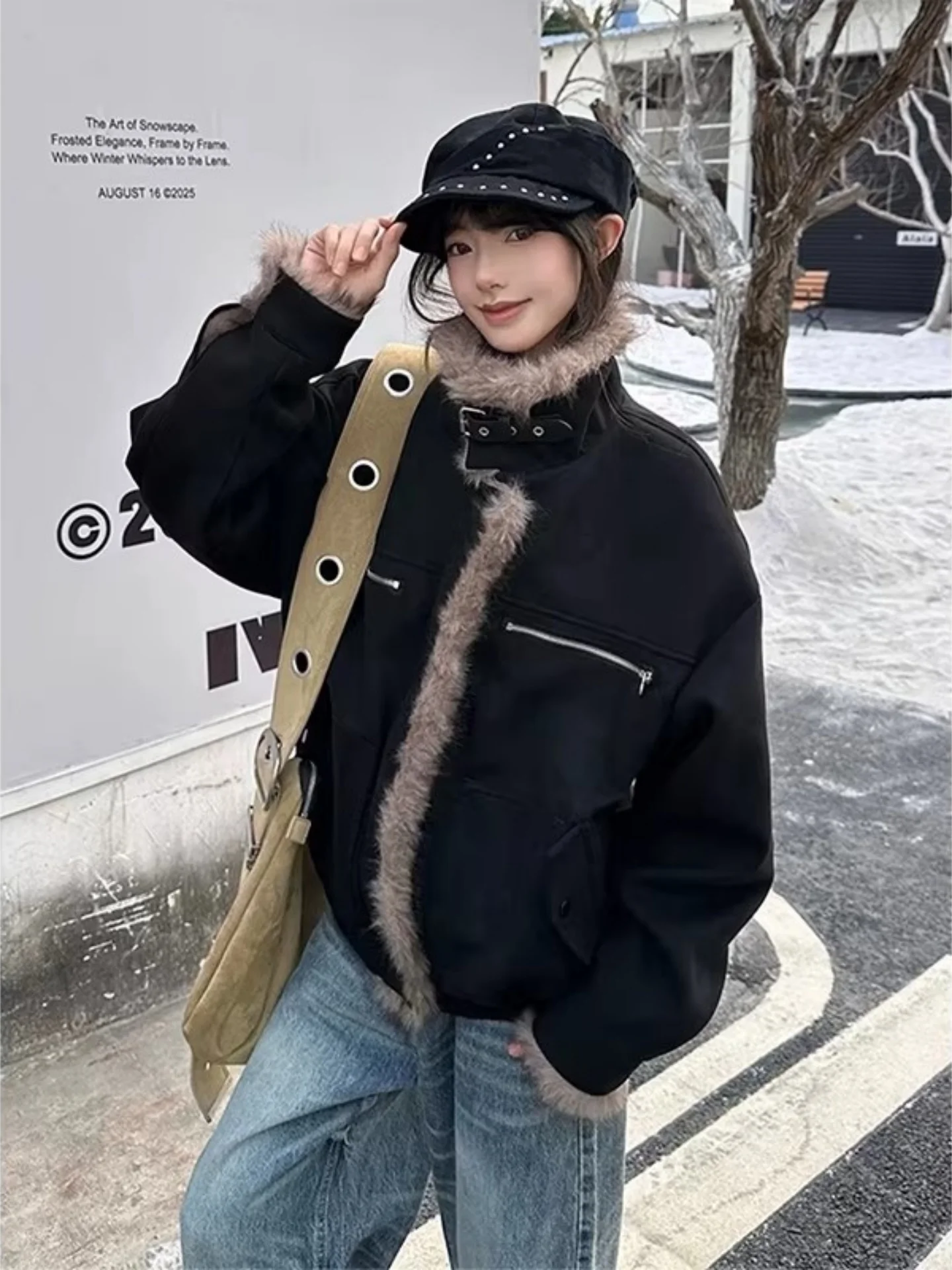 

American Sle Suede Jaet Cotton Workwear ort Thi Warm Winter Coat for Men with Fur Collar Youth Faion Stand Fit