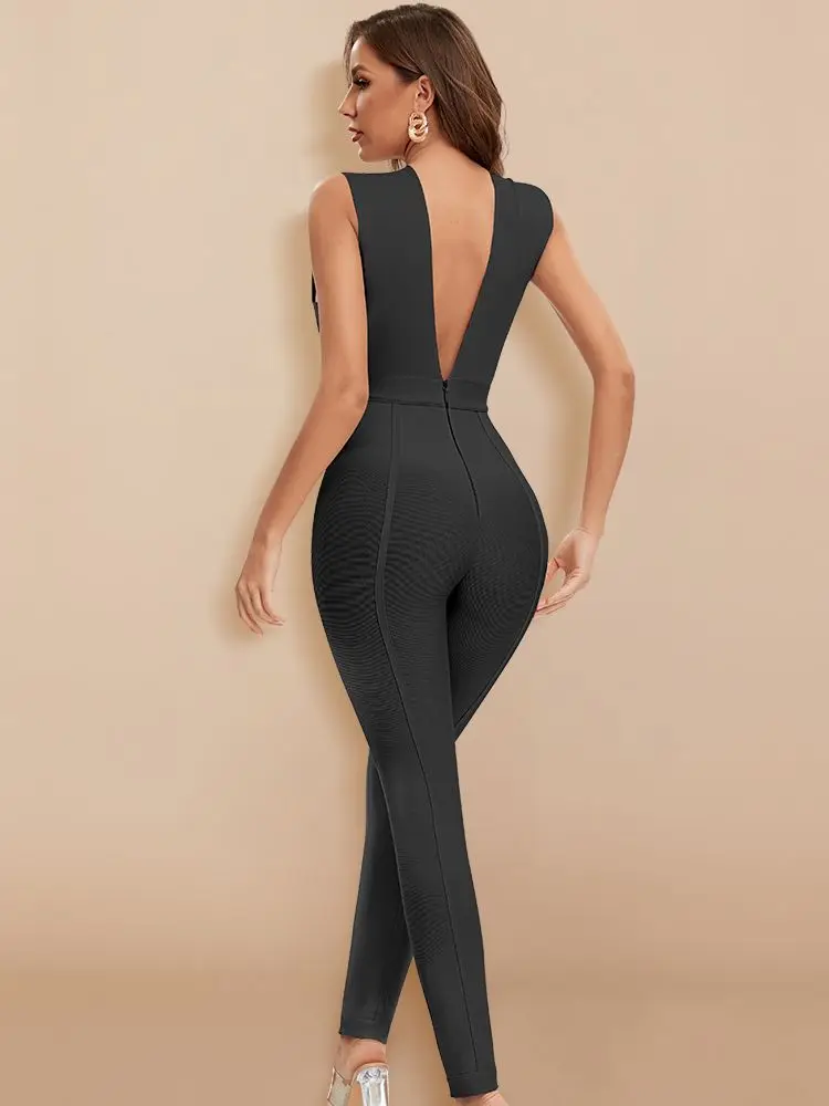 セクシーな黒包帯ジャンプスーツ女性冬クラブボディコンジャンプスーツ中空カットアウト 2025 ヌードロングパーティー XL V ボディスーツ