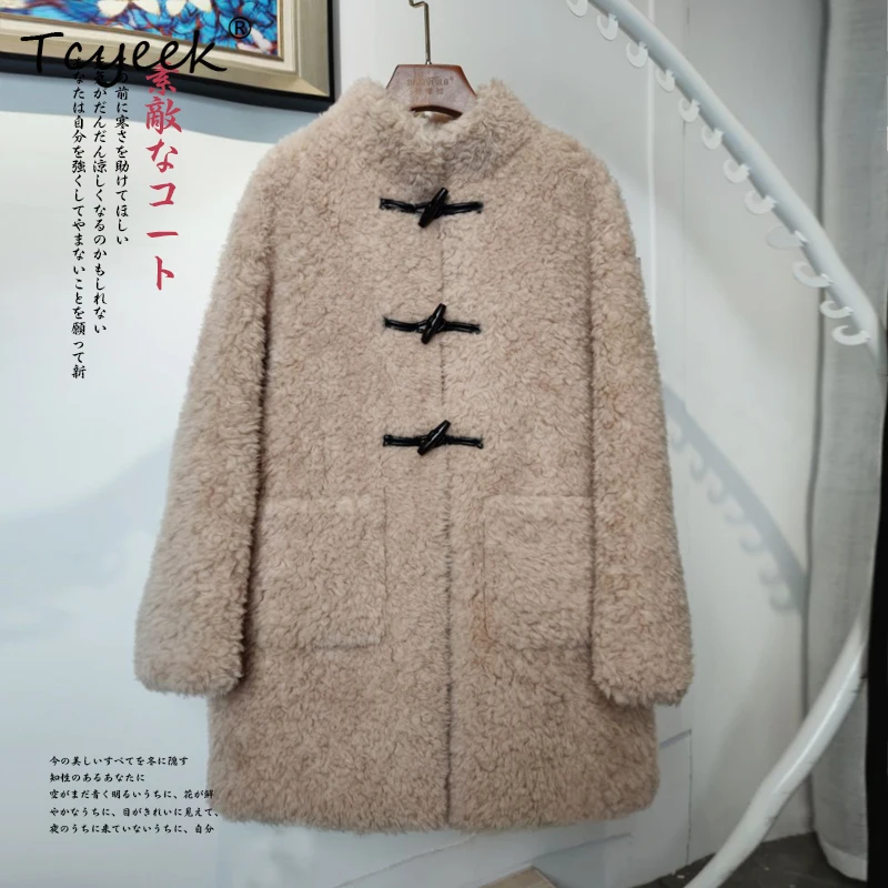 Tcyeek 100% Wool Autumn Winter Korean Version Trendy Standing Collar Medium Length Women's Lamb Wool Fur Coat Fourrures Femme
