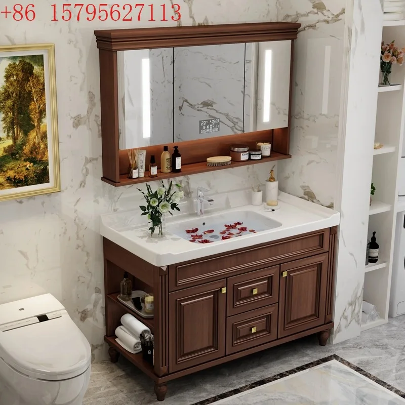 

Smart mirror cabinet integrated ceramic basin American bathroom cabinet rock slab integrated washbasin cabinet