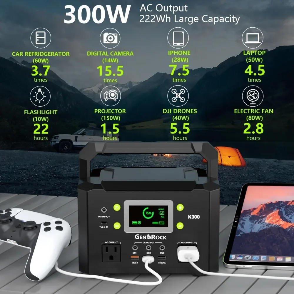 Portable Power Station, 110V/300W Pure Sine Wave Solar Generator, 222Wh Backup Lithium Battery with AC Outlet