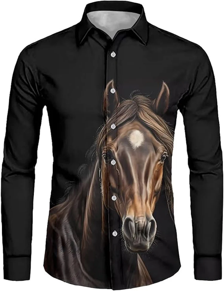 Men's Long-sleeved Shirts Wolf Horse Animal 3D Printed Lapel Holiday Gift Soft Fabric Vacation Outer Shirt for Men Clothing
