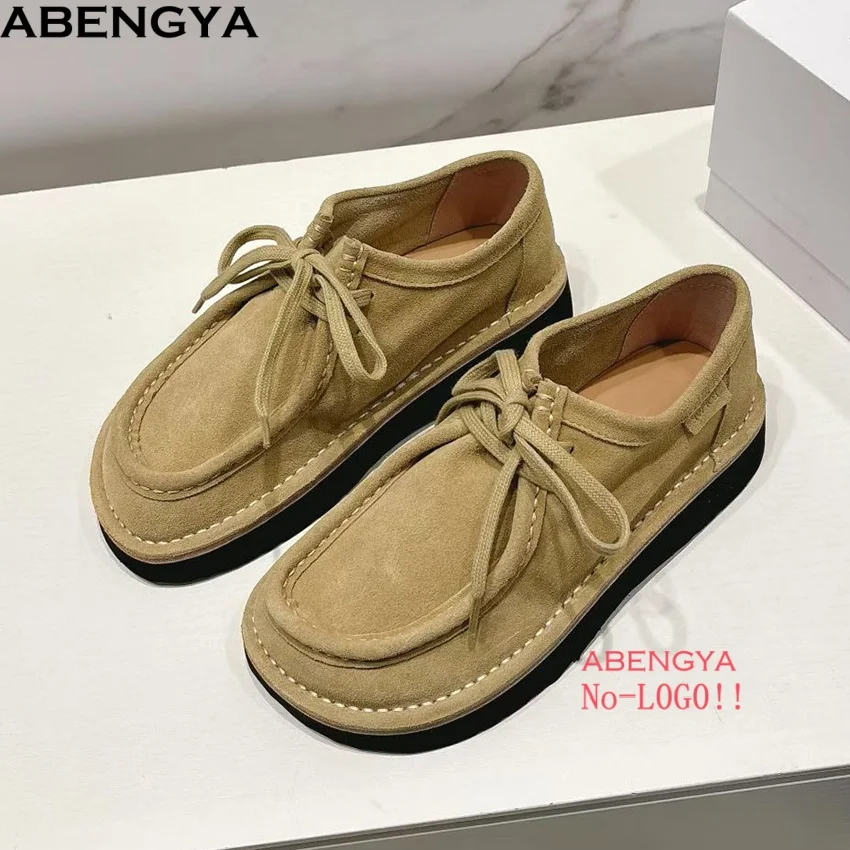 

New Arrival Suede Leather Flat Shoes Women Men Round Toe Lace Up Platform Casual Shoes Women Loafers Outdoor Shoes Woman Man